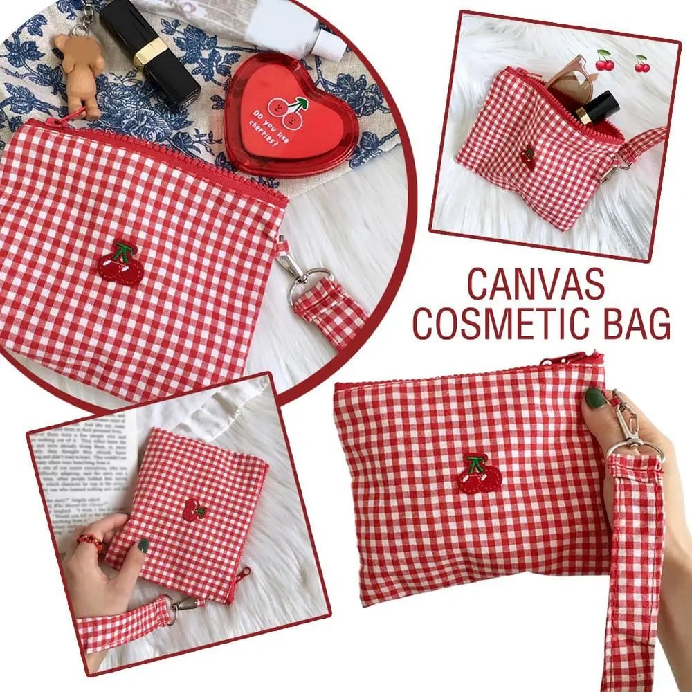 Embroidered Cherry Canvas Cosmetic Bag 2