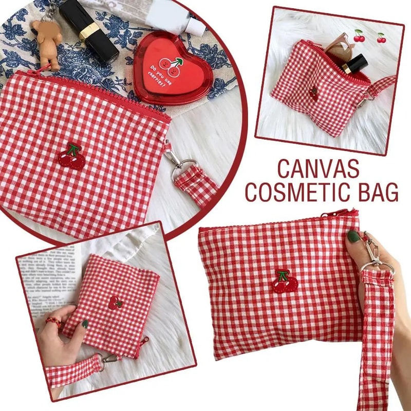 Embroidered Cherry Canvas Cosmetic Bag 2