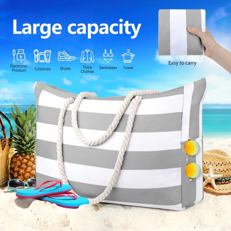 Striped Waterproof Foldable Beach Bag 3