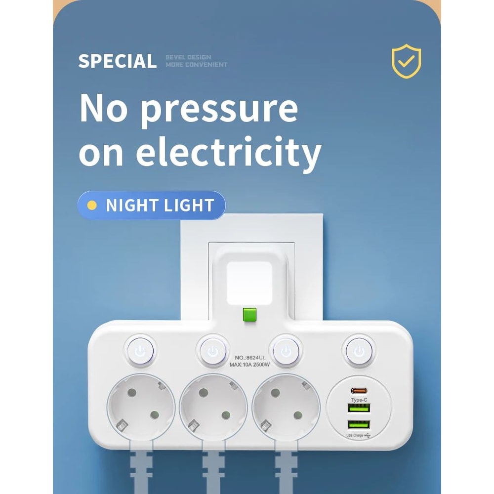 EU Power Strip With USB Charger And Separate Switches 8