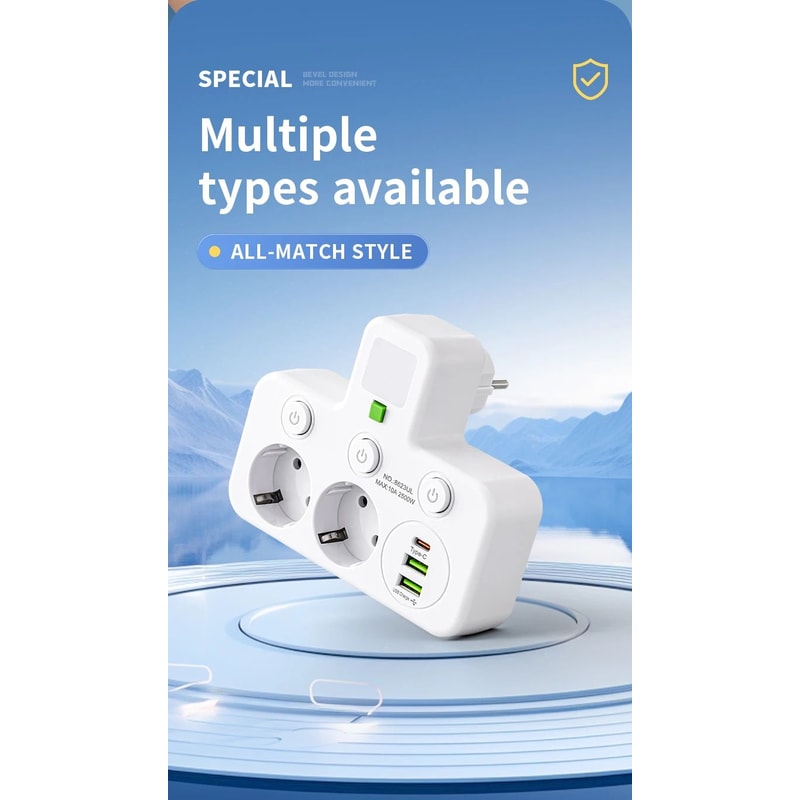 EU Power Strip With USB Charger And Separate Switches 10