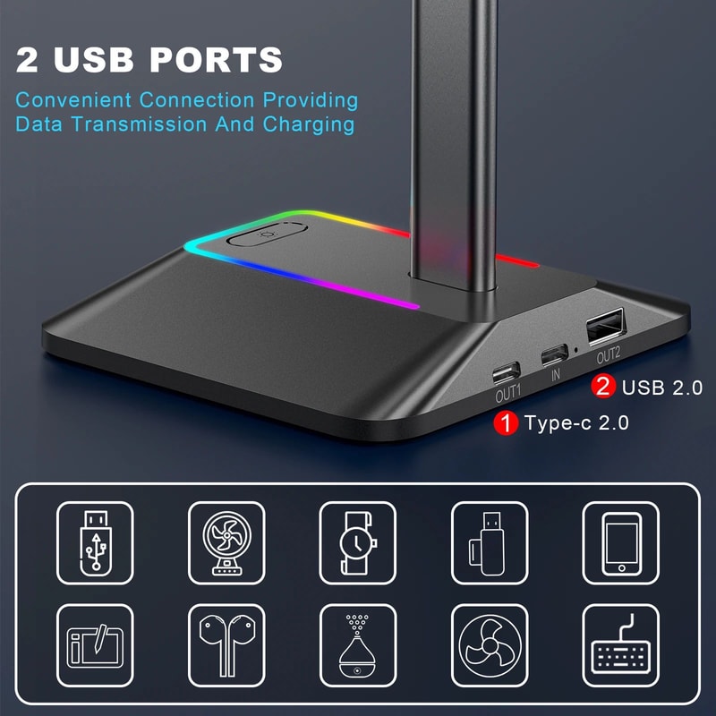 RGB Gaming Headphone Stand With USB 4