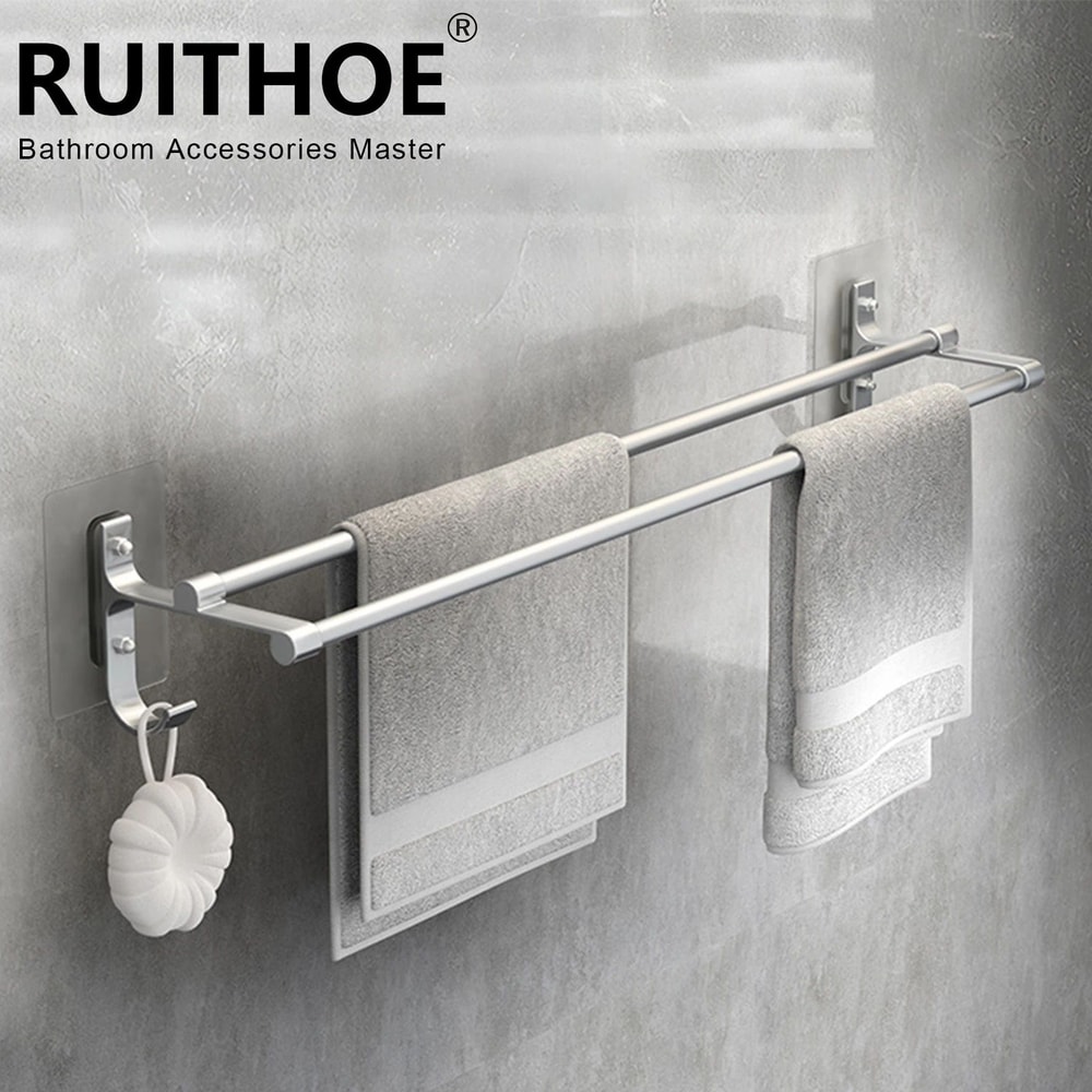 No Drill Aluminum Double Bar Towel Rack 0