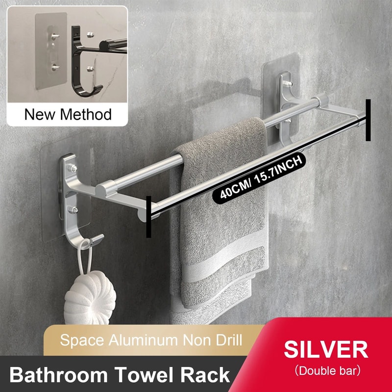 No Drill Aluminum Double Bar Towel Rack 10