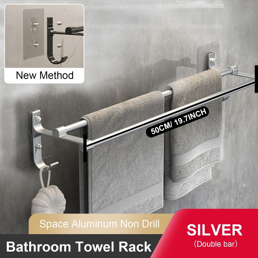 No Drill Aluminum Double Bar Towel Rack 11