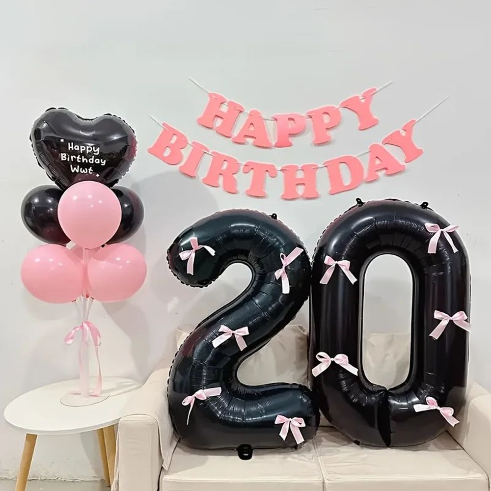 Black Number Balloon With Pink Bow 0