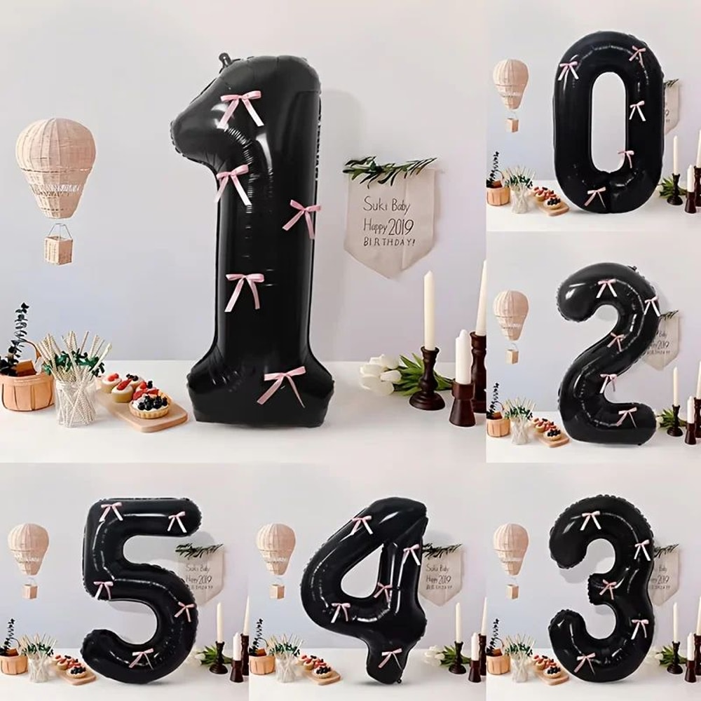 Black Number Balloon With Pink Bow 1