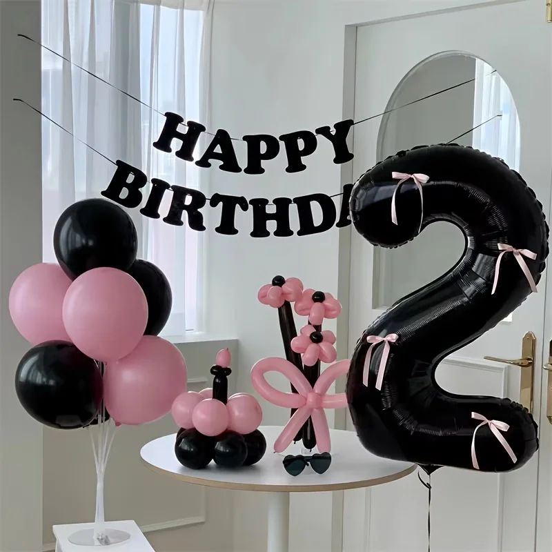 Black Number Balloon With Pink Bow 6
