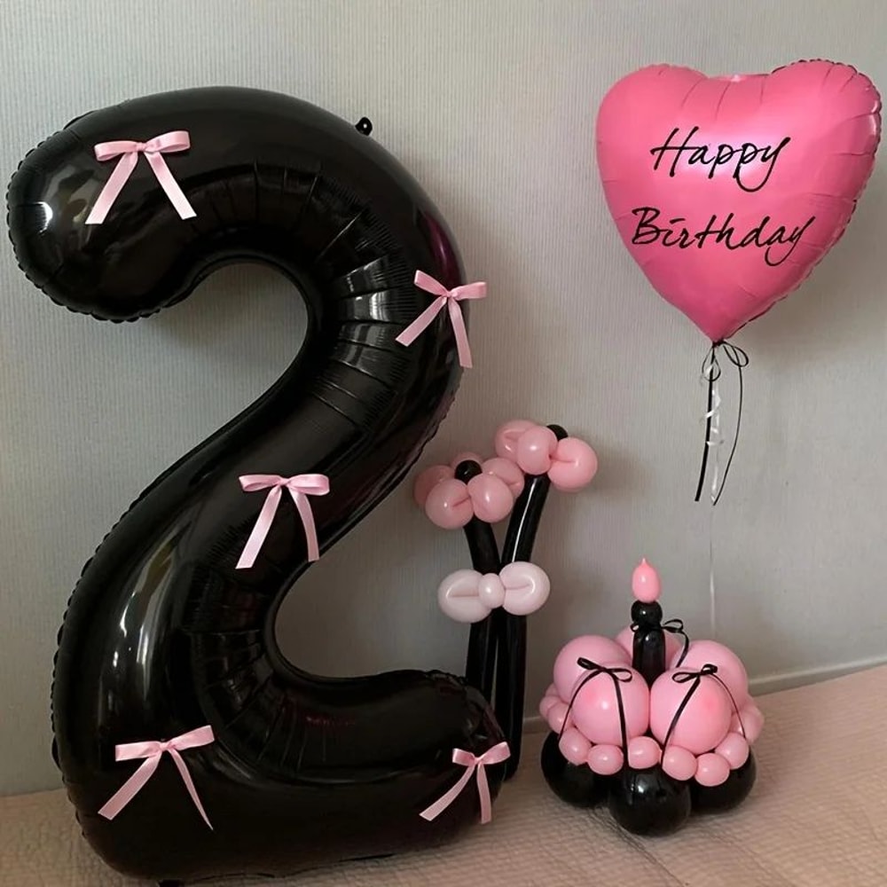 Black Number Balloon With Pink Bow 7