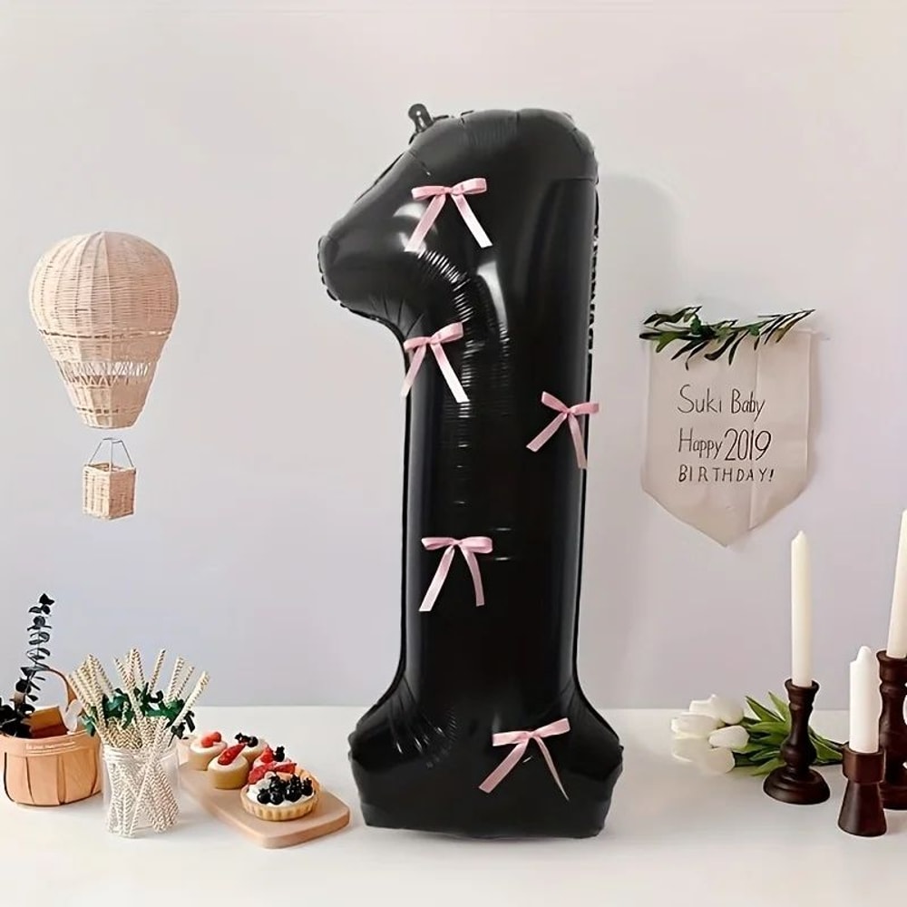 Black Number Balloon With Pink Bow 9