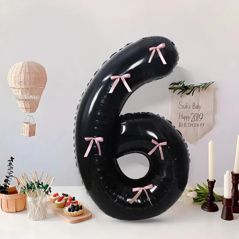 Black Number Balloon With Pink Bow 14