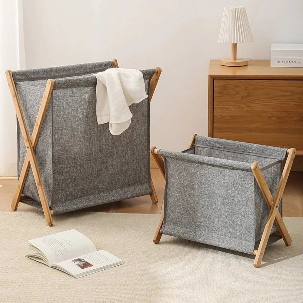 Foldable Wood Frame Laundry Storage Basket 0