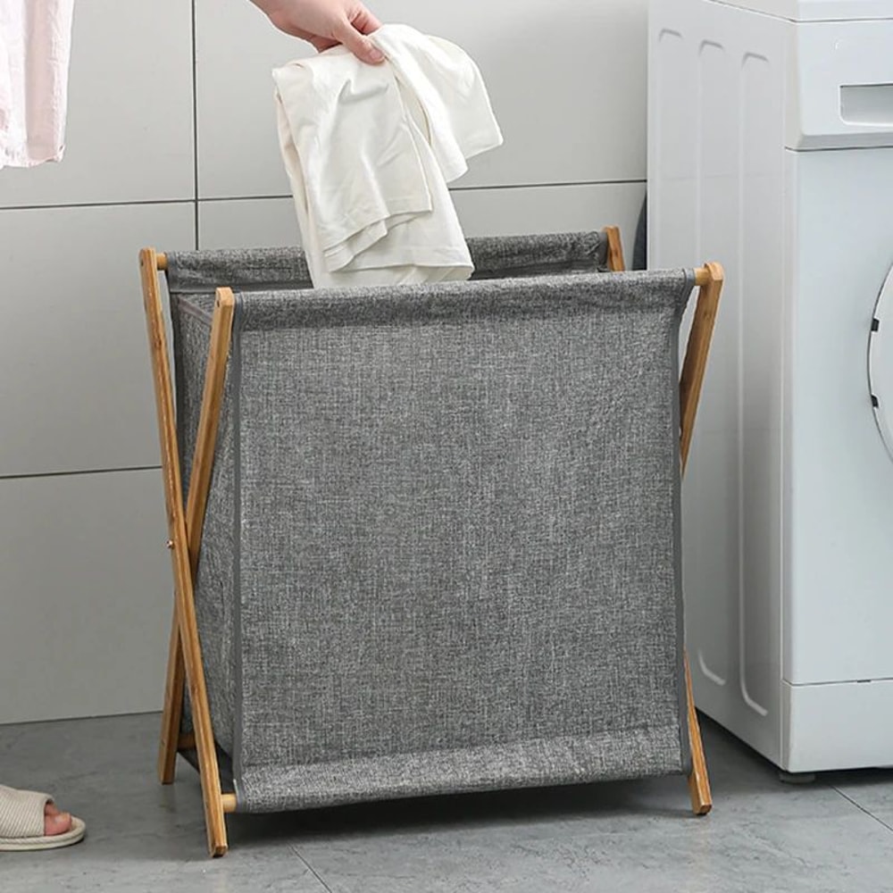 Foldable Wood Frame Laundry Storage Basket 1