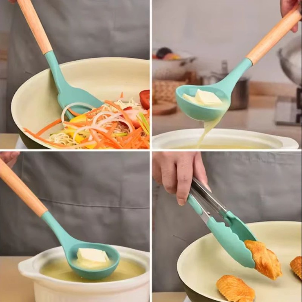 Silicone Kitchen Utensil Set With Wooden Handles 0