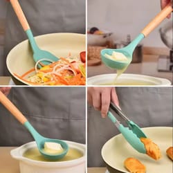 silicone kitchen utensil set with wooden handles
