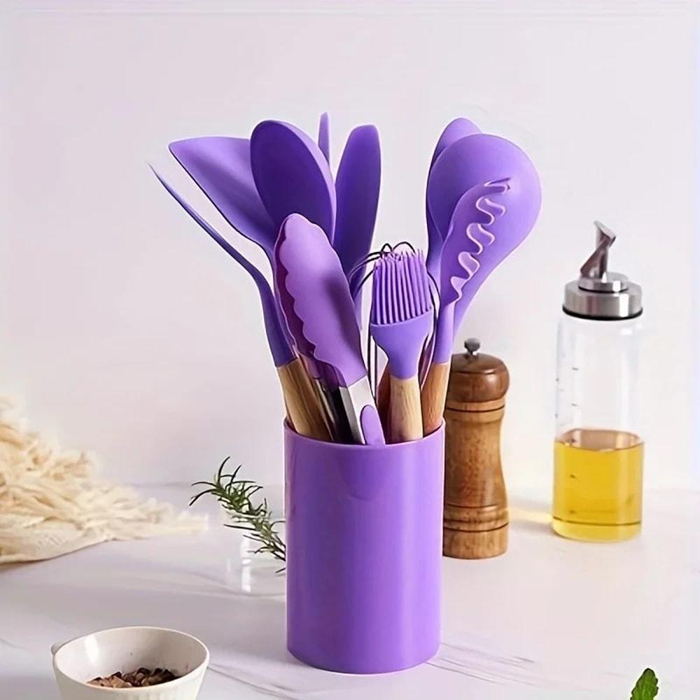 Silicone Kitchen Utensil Set With Wooden Handles 1