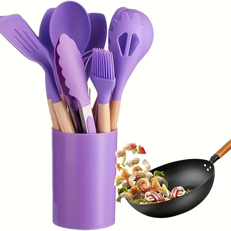 Silicone Kitchen Utensil Set With Wooden Handles 2