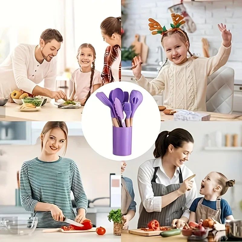 Silicone Kitchen Utensil Set With Wooden Handles 8