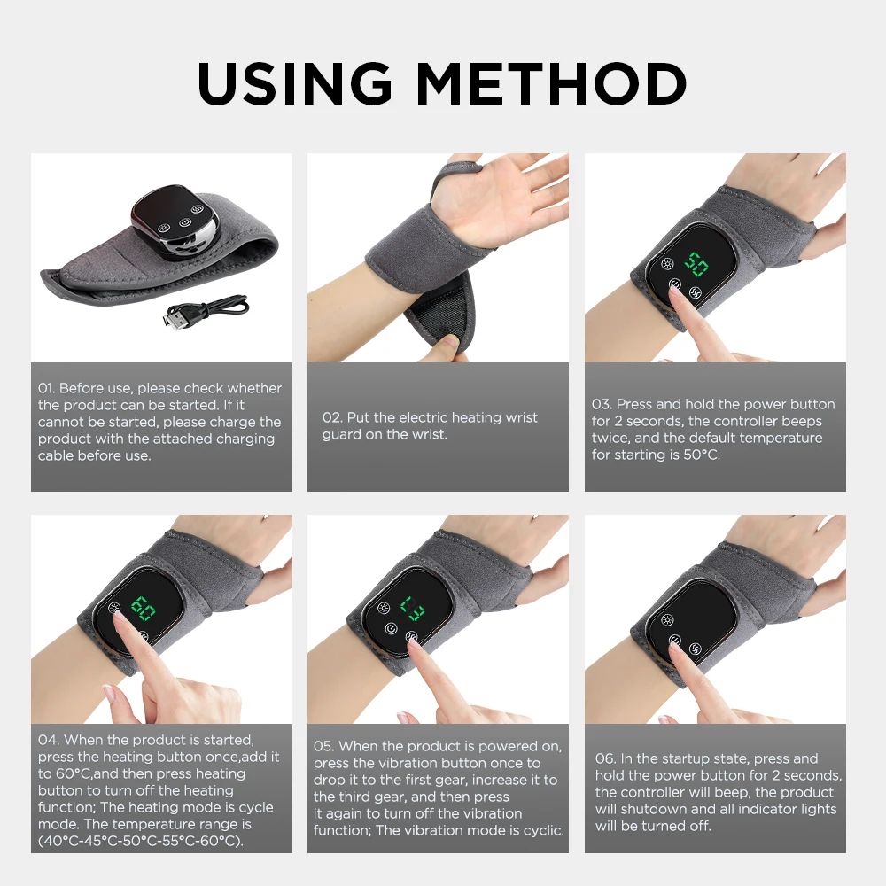 Electric Heated Wrist Hand Massager Brace With Adjustable Heat And Vibration 12