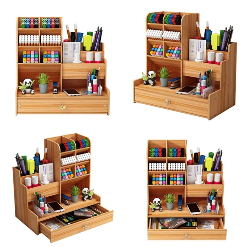 Wooden Pen Holder With Drawer Desktop Storage Box 0