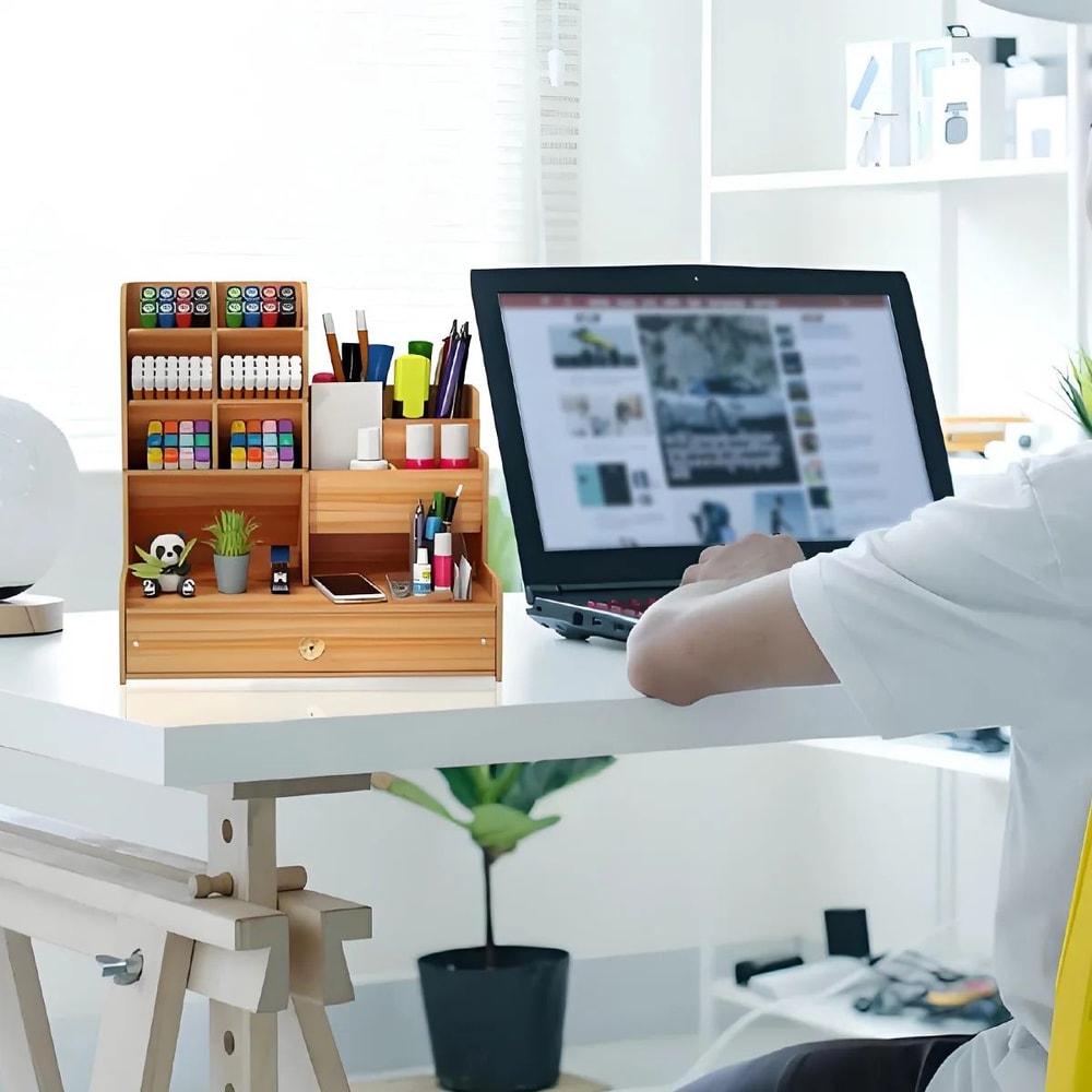 Wooden Pen Holder With Drawer Desktop Storage Box 2