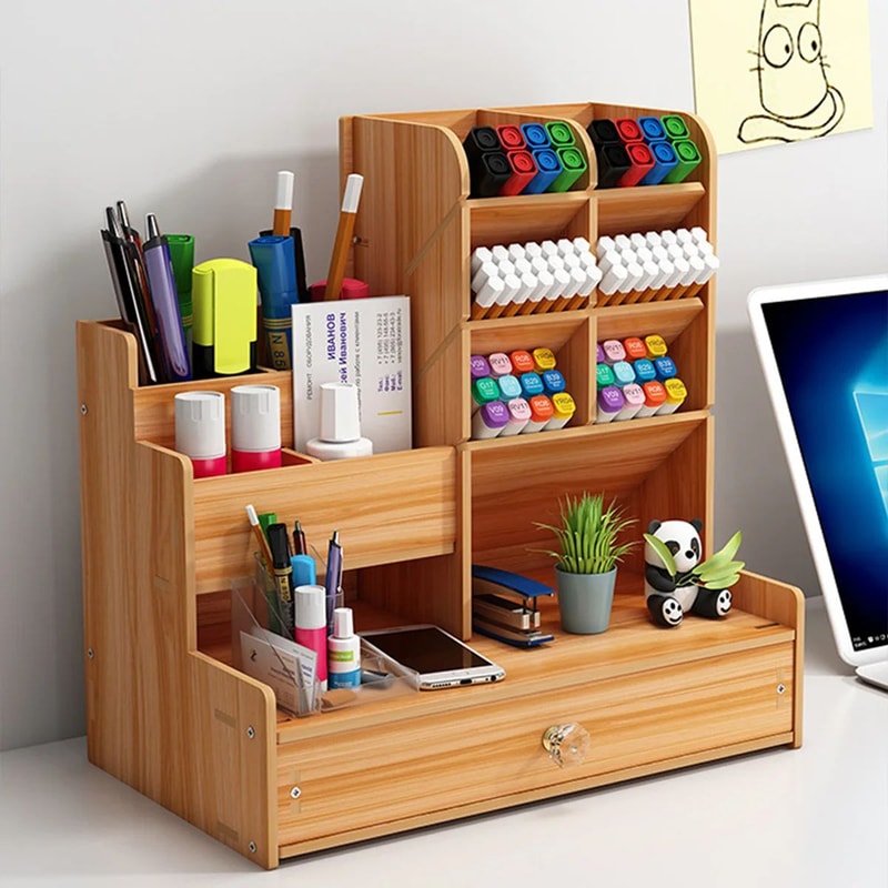 Wooden Pen Holder With Drawer Desktop Storage Box 3