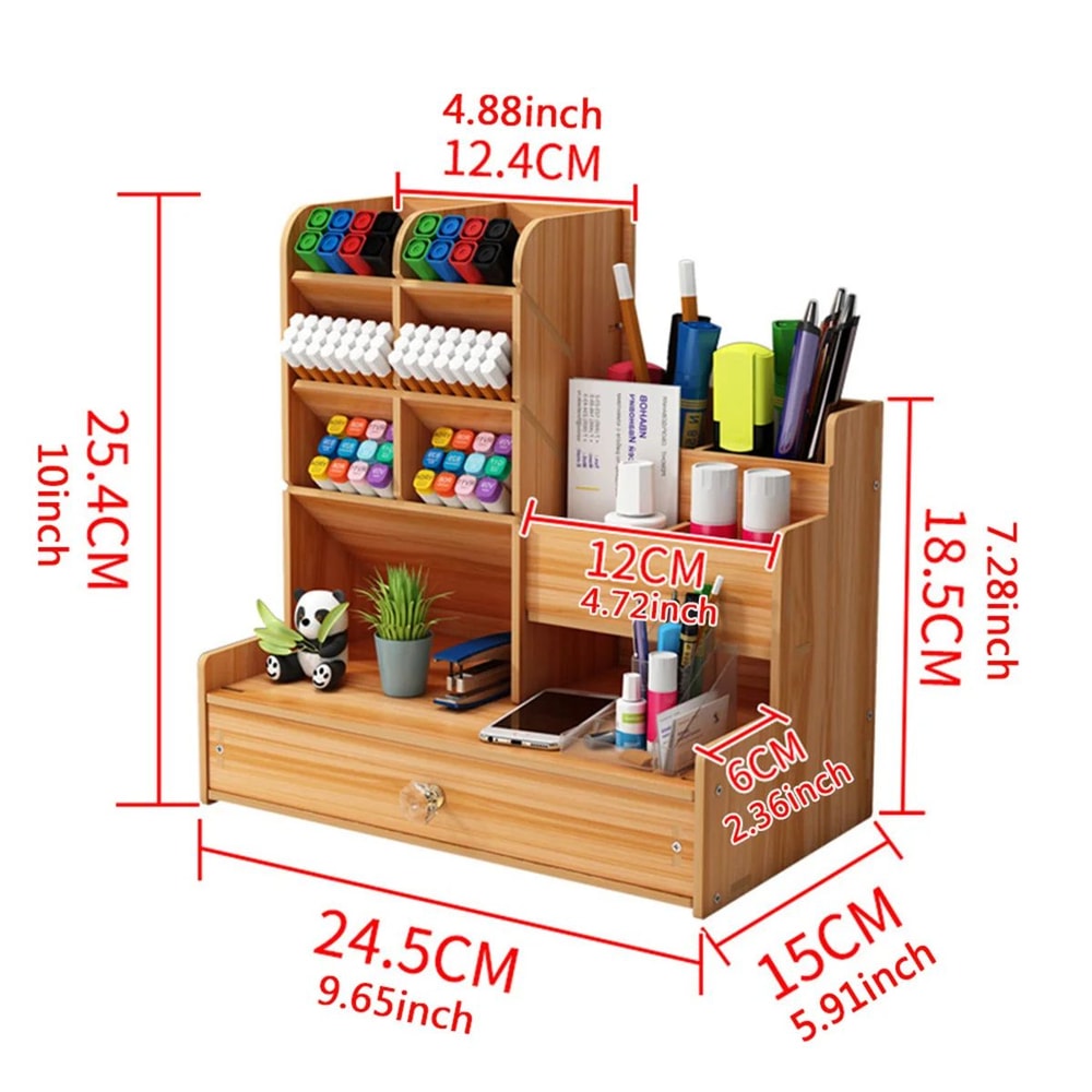 Wooden Pen Holder With Drawer Desktop Storage Box 5