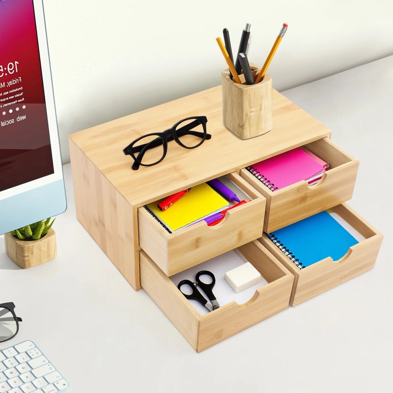 Bamboo 4Drawer Desktop Organizer For Desk Storage 7