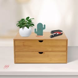 bamboo desktop organizer with 2 drawers for desk storage
