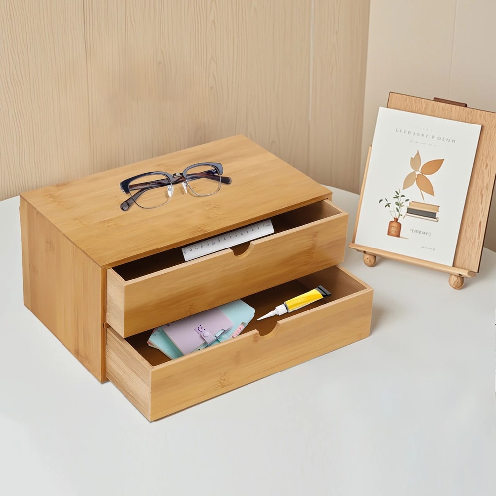 Bamboo Desktop Organizer With 2 Drawers For Desk Storage 8
