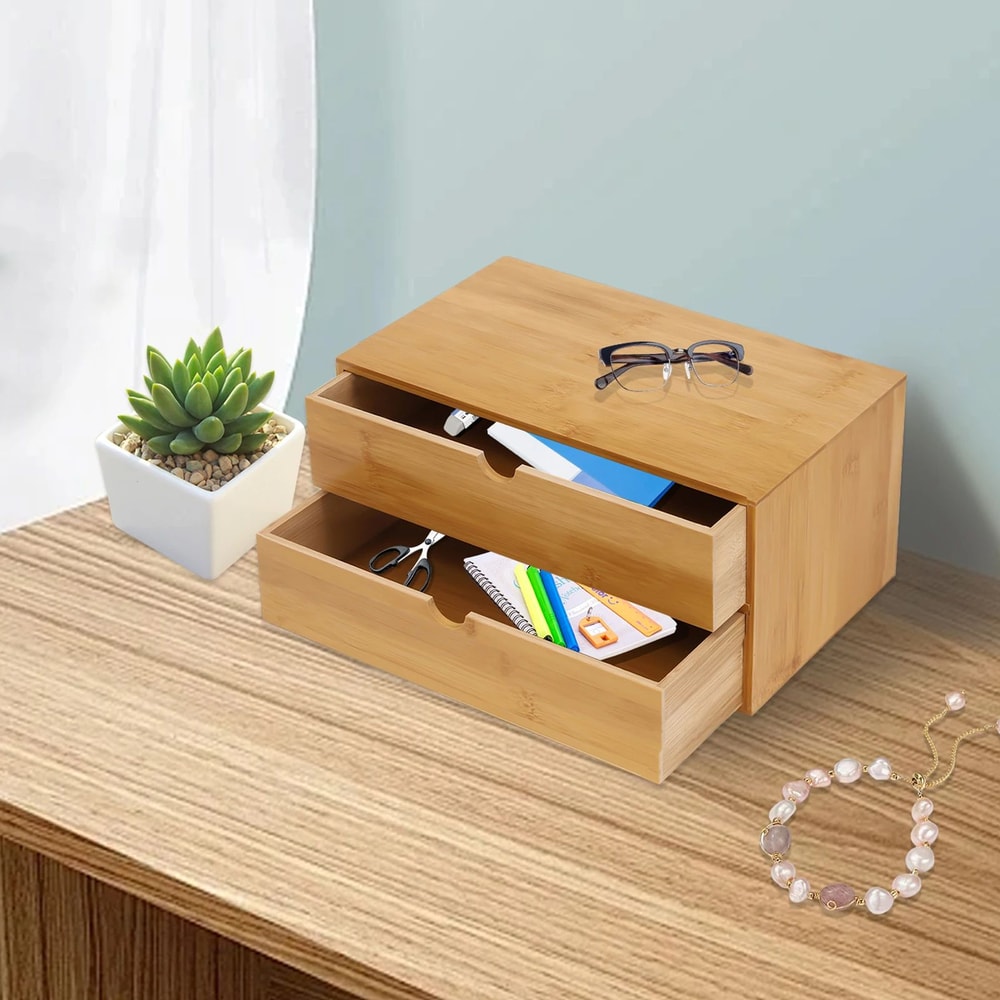 Bamboo Desktop Organizer With 2 Drawers For Desk Storage 12