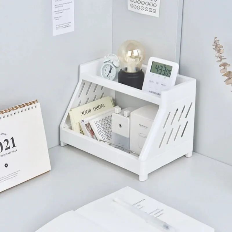 White Double Tier Desktop Storage Shelf With Cats Paw Design 1