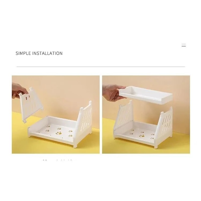 White Double Tier Desktop Storage Shelf With Cats Paw Design 10