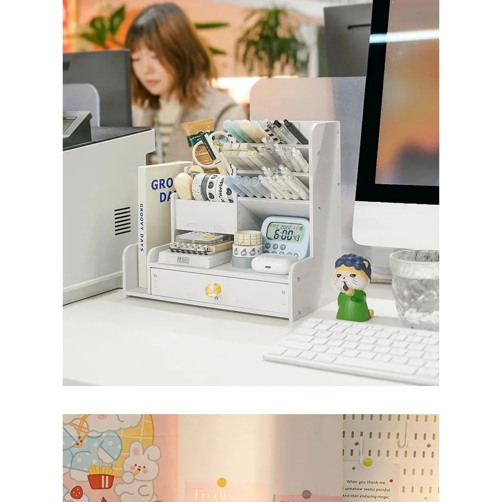 Wooden Desktop Pen And Stationery Organizer With MultiShelves 13