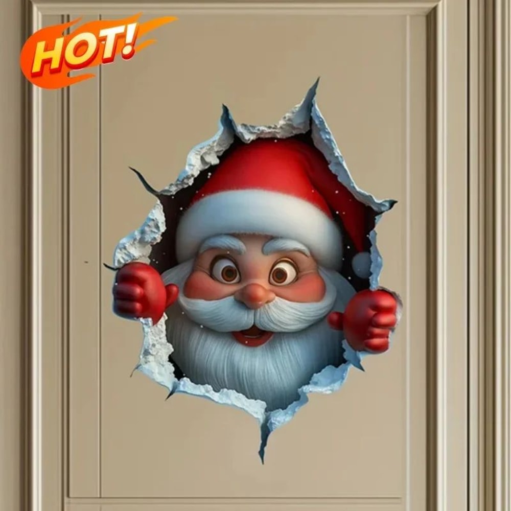 3D Christmas Santa And Reindeer Vinyl Wall Decal 0