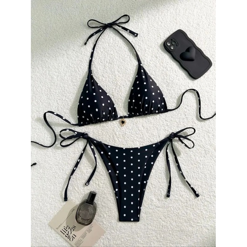 Black White Polka Dot 2Piece Bikini Swimsuit For Women 0