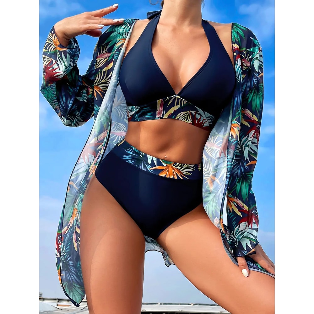 3PCS Halter Print Bikini Set With Kimono High Waist Swimwear For Women 0