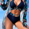3PCS Halter Print Bikini Set With Kimono High Waist Swimwear For Women 0