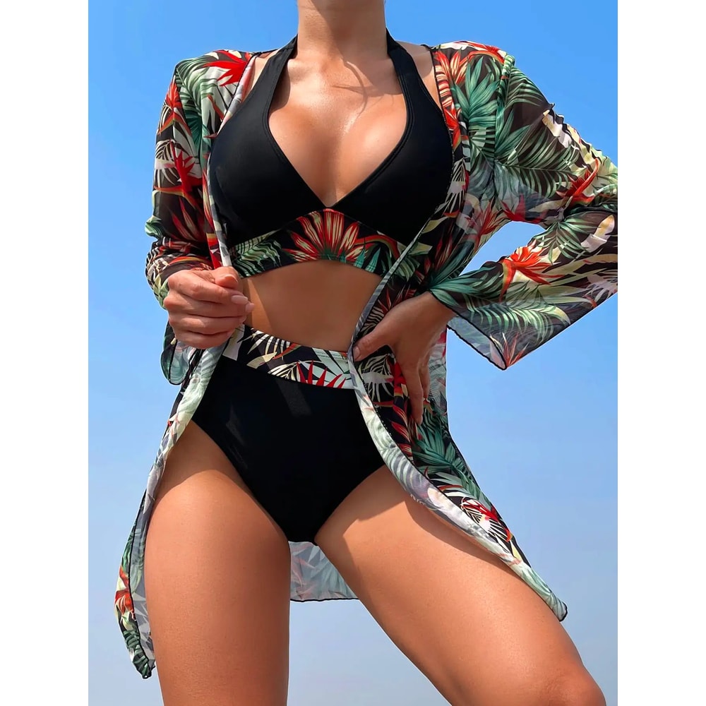 3PCS Halter Print Bikini Set With Kimono High Waist Swimwear For Women 2