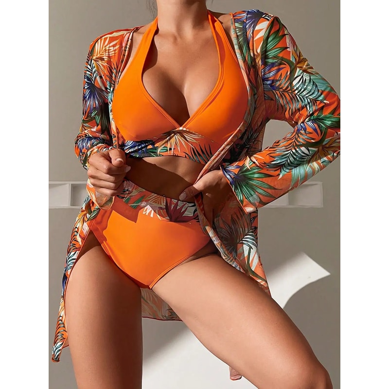 3PCS Halter Print Bikini Set With Kimono High Waist Swimwear For Women 4