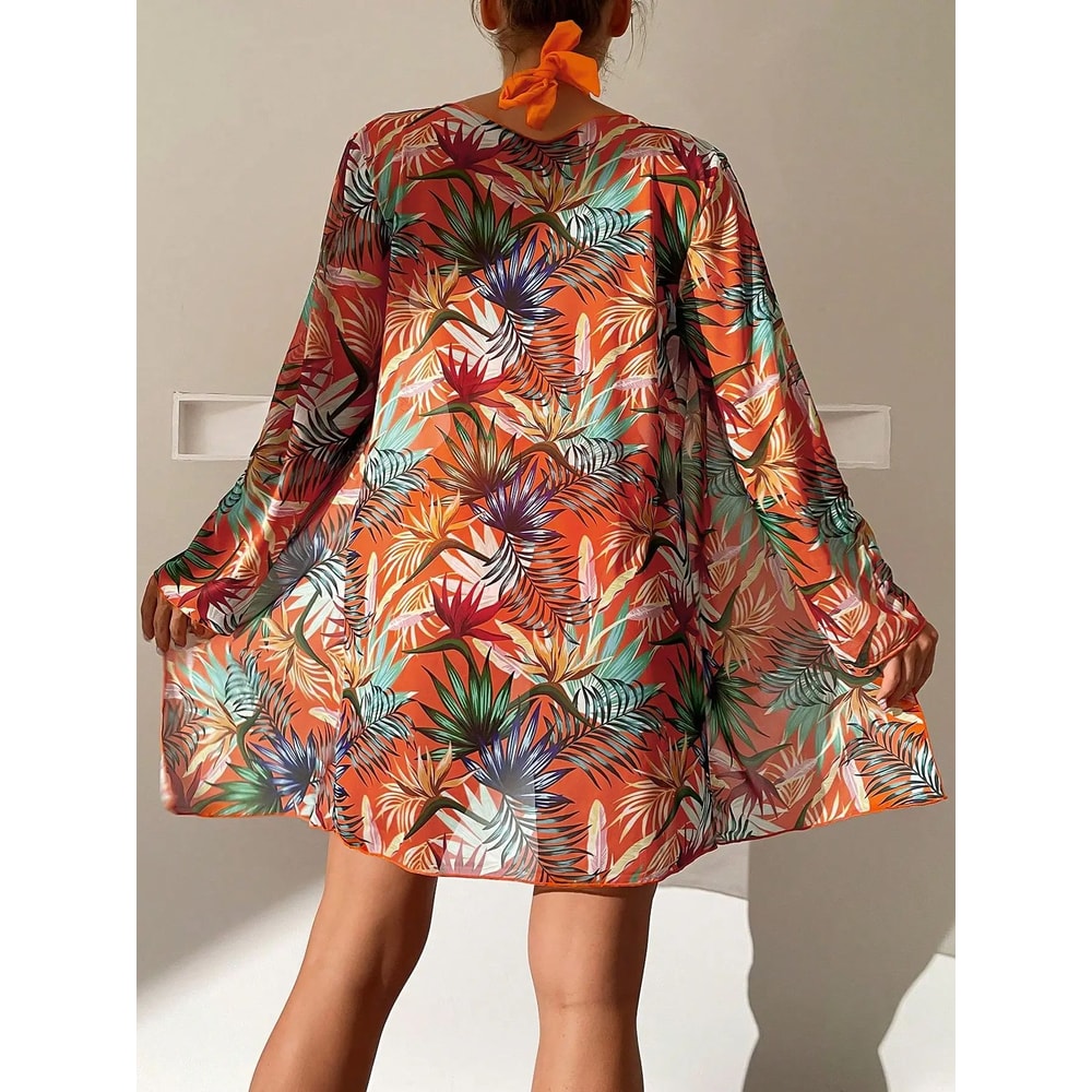 3PCS Halter Print Bikini Set With Kimono High Waist Swimwear For Women 5