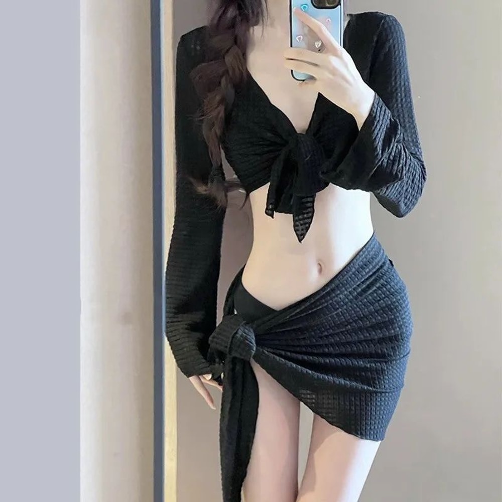 Womens Long Sleeve Knit PushUp Bikini Set With CoverUp 7