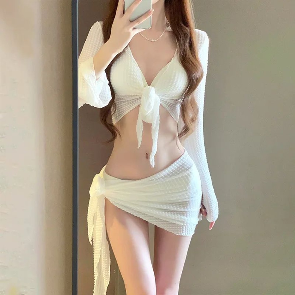 Womens Long Sleeve Knit PushUp Bikini Set With CoverUp 8