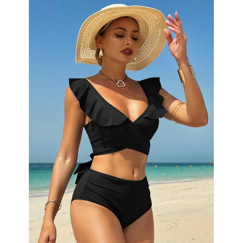 ZAFUL High Waisted Ruffle Bikini Set With Cross Cutout Ruched Design 0