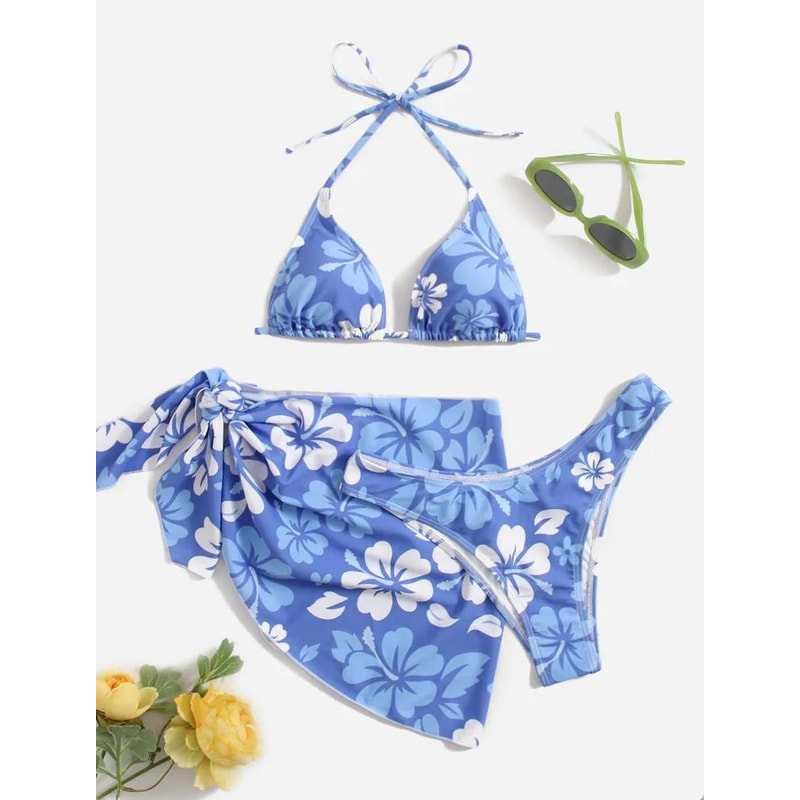 European American Sexy 3Piece Bikini Set With Swim Skirt CoverUp 0