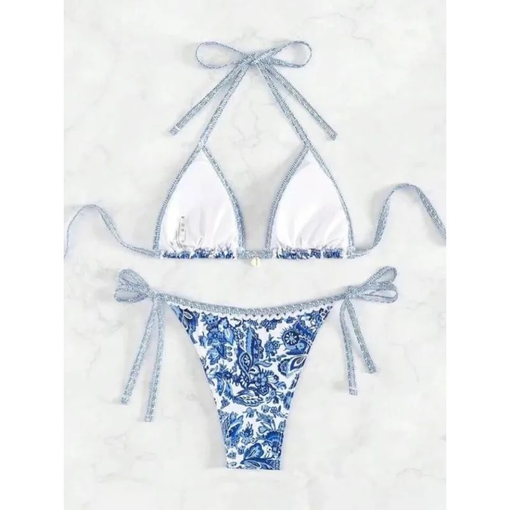 European American Printed Split Bikini Set Sexy Strap Swimsuit 1