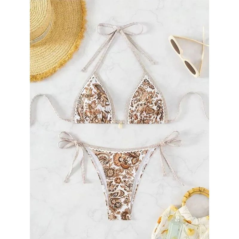 European American Printed Split Bikini Set Sexy Strap Swimsuit 4