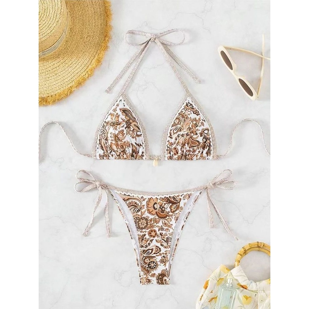 European American Printed Split Bikini Set Sexy Strap Swimsuit 8