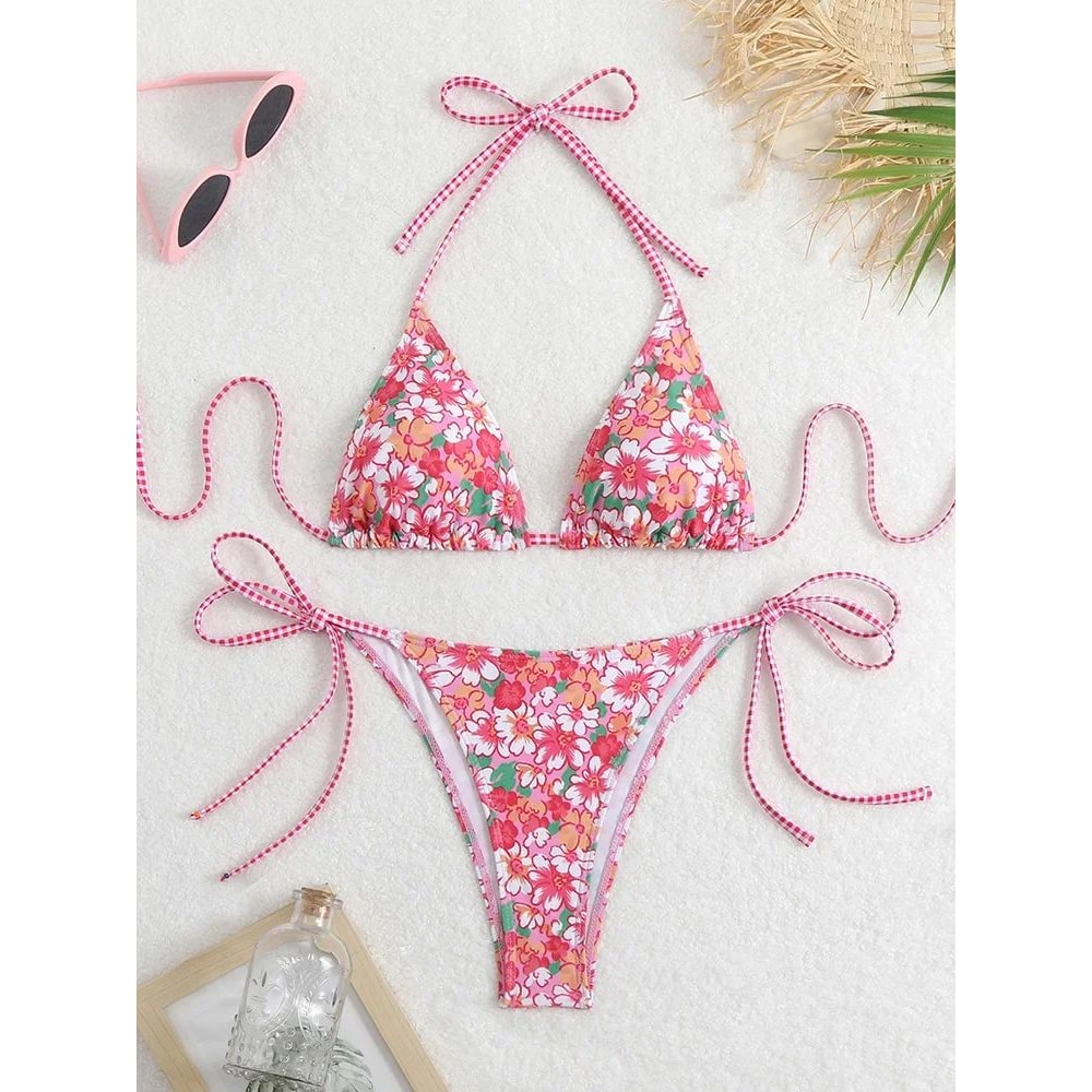 Circyy Floral Print LaceUp Backless Bikini Set For Women 4