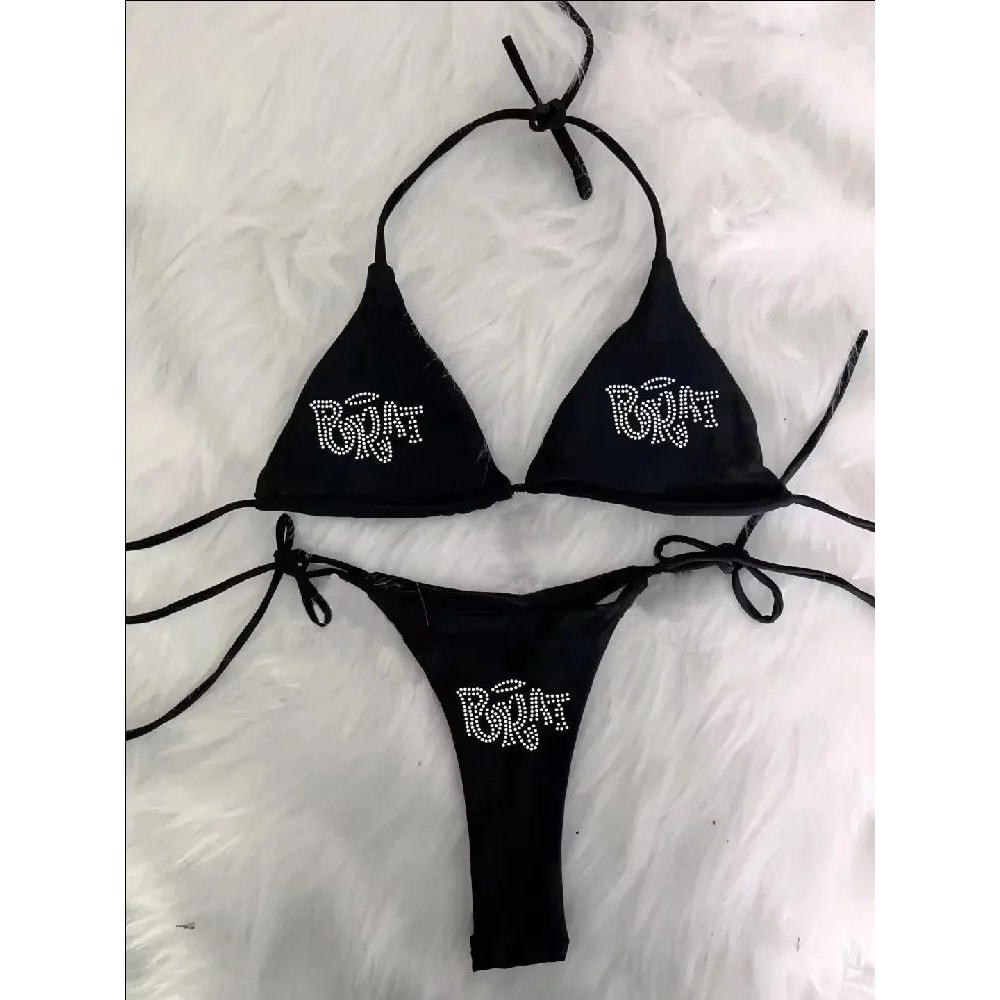 2000s Punk Y2K Gothic Rhinestone LaceUp Bikini Swimsuit 0